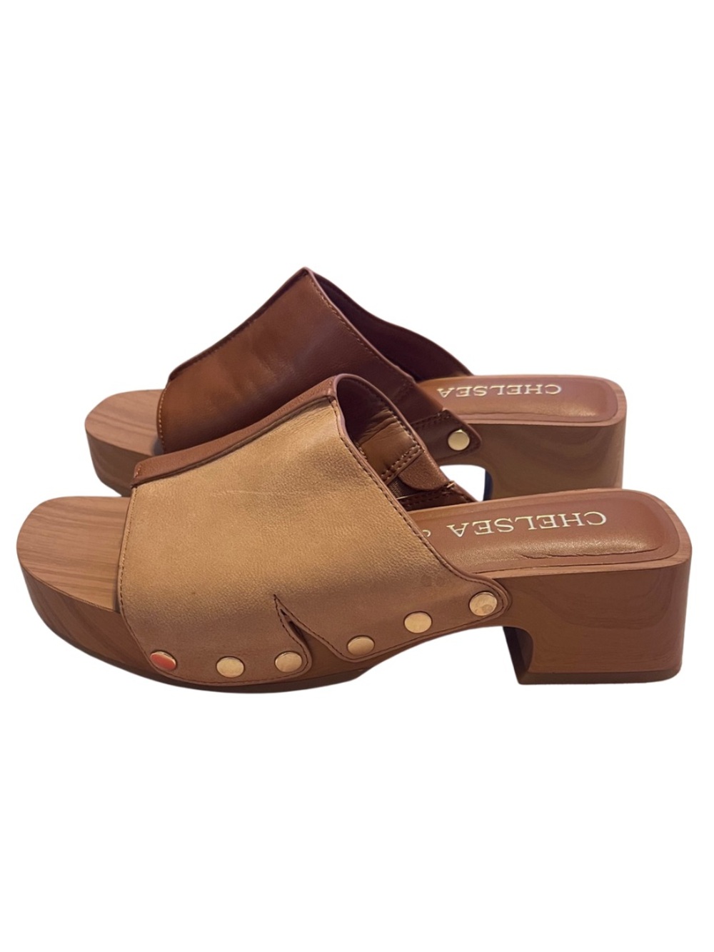 Chelsea & Violet Two-Tone Brown and Tan Leather Slide Platform Mules - Picture 7 of 10